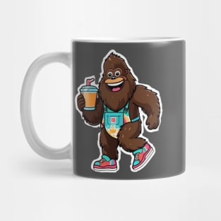 Hip Bigfoot wearing color sneakers, overalls and holding a drink. Mug